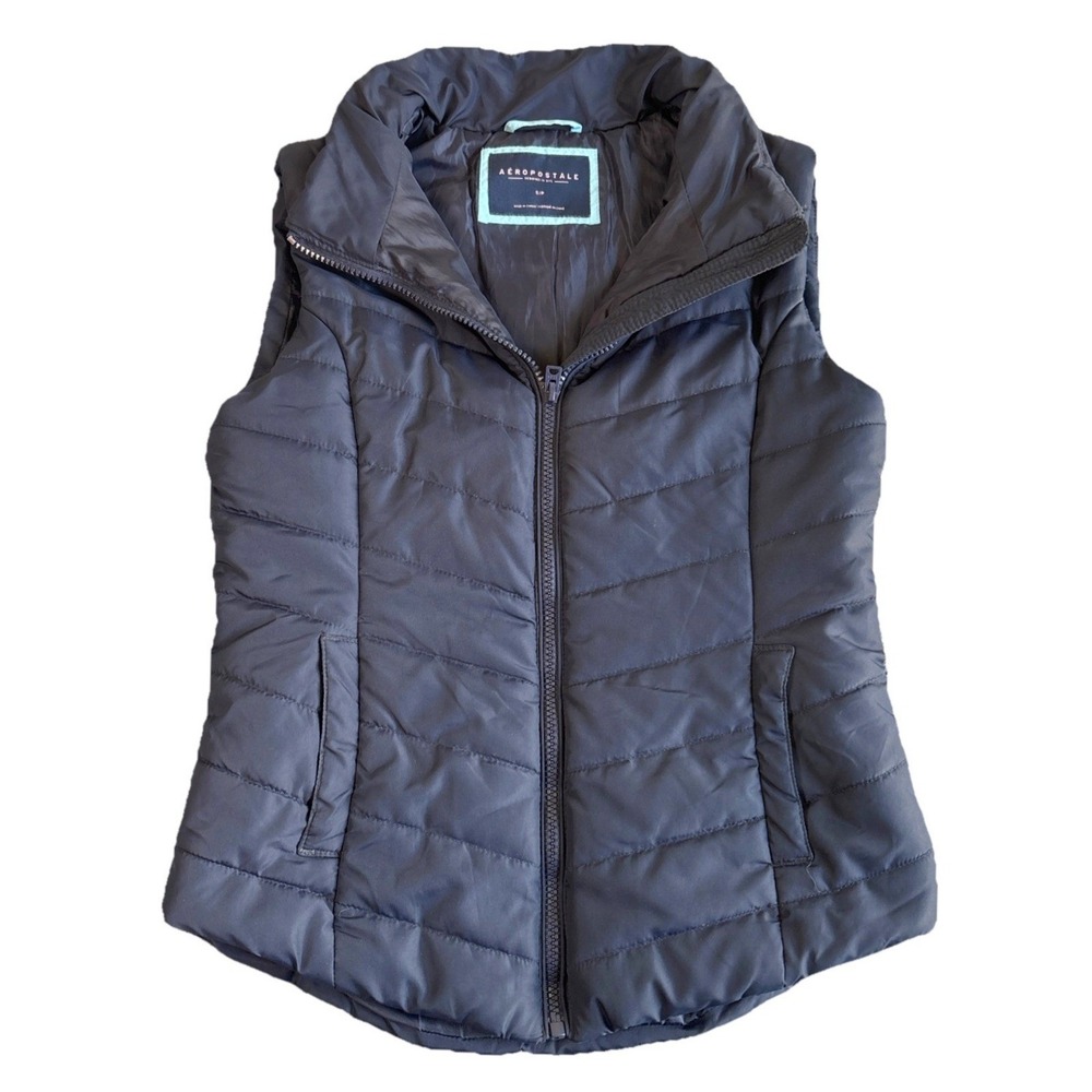 Aeropostale Womens Navy Blue Quilted Puffer Vest Mock Neck Full Zip Small S/P
